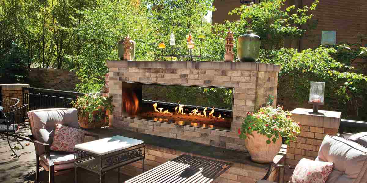 Modern brick patio featuring a sleek double-sided gas design, perfect for cozy outdoor fireplaces gatherings.