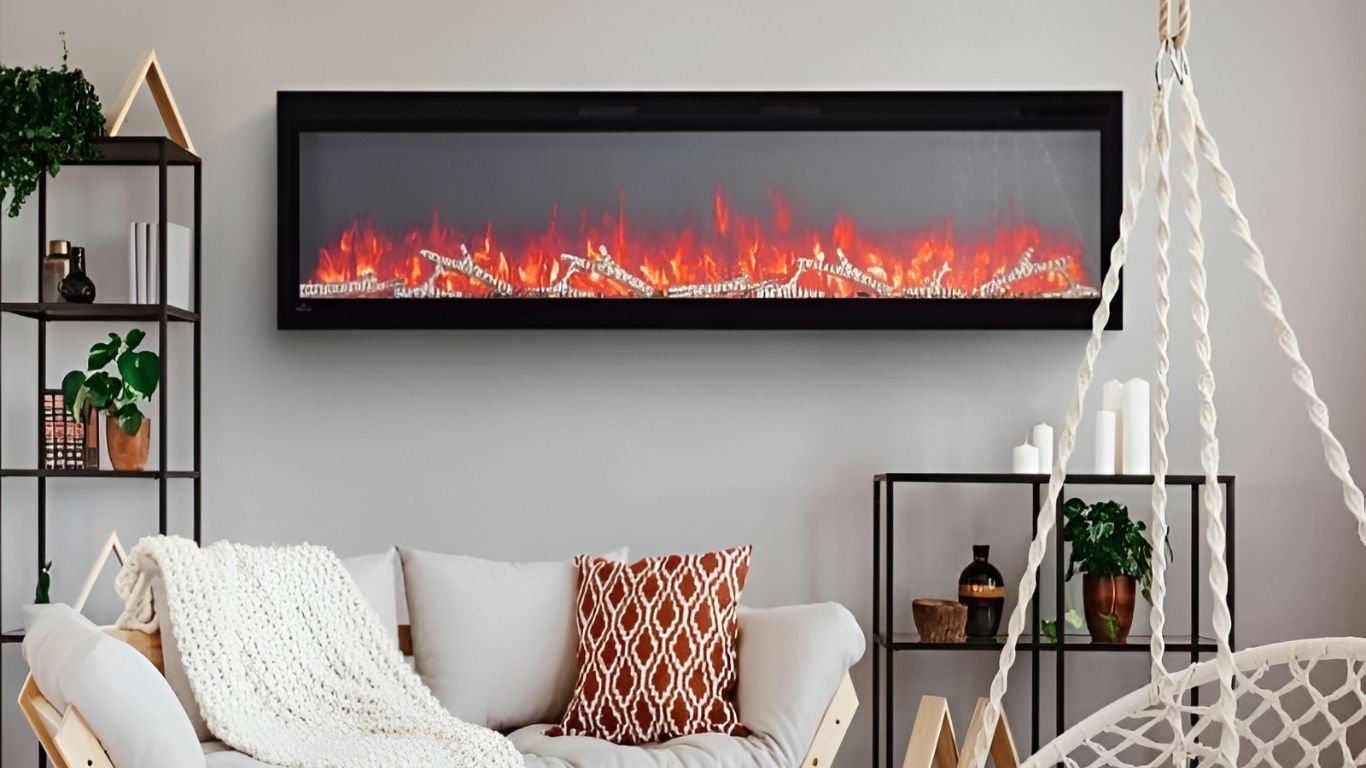 Modern living room featuring elegant wall mounted fireplaces.