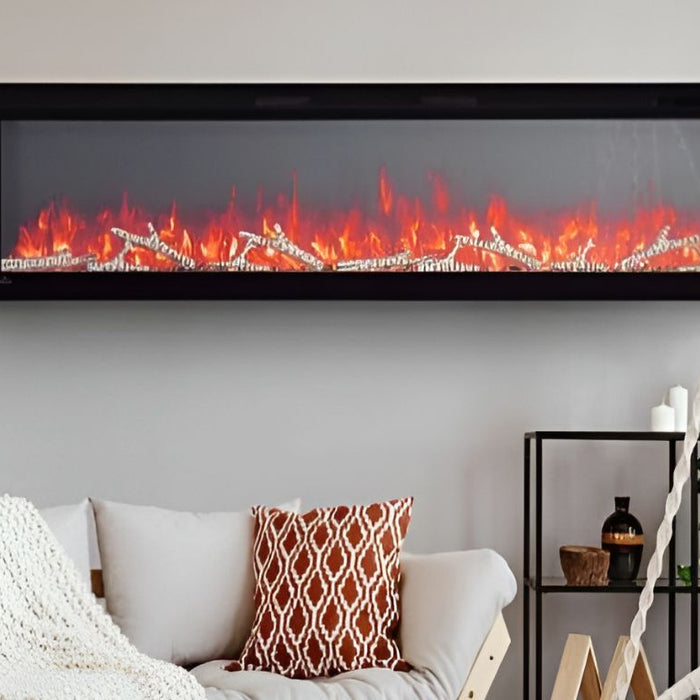 Modern living room featuring elegant wall mounted fireplaces.