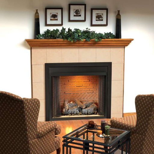 Accent Light Installed in Empire Breckenridge Select 36 Vent Free Firebox with Flush Front, Black Outer Steel Frame, Refractory Sassafras Log Set with Slope Glaze Burner System and Custom Mantel. .