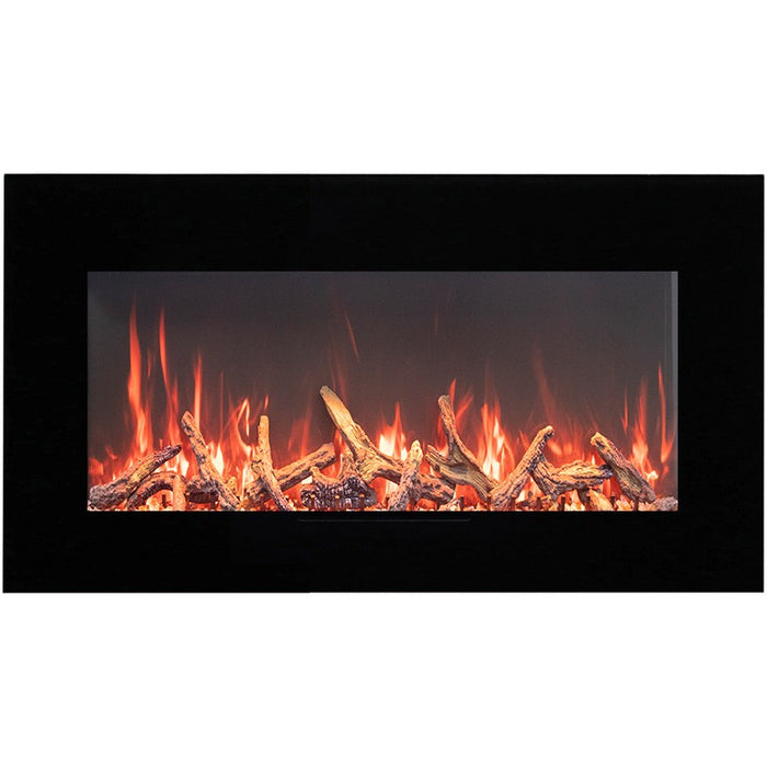 Amantii 26 Wall Mount with Black Glass Surround Oak Media Yellow Flame
