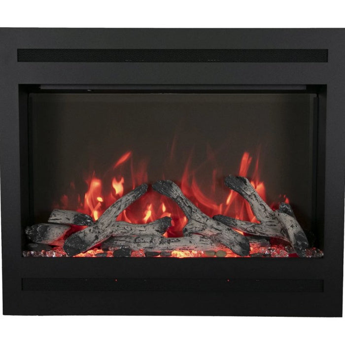 Amantii 31 Zero Clearance Electric Fireplace Square Surround with Rustic Log Set Pebbles and Clear Ember Media Set 