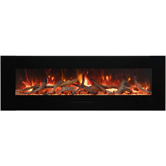 Amantii 60 Wall Mount with Black Glass Surround Driftwood Media Yellow Flame