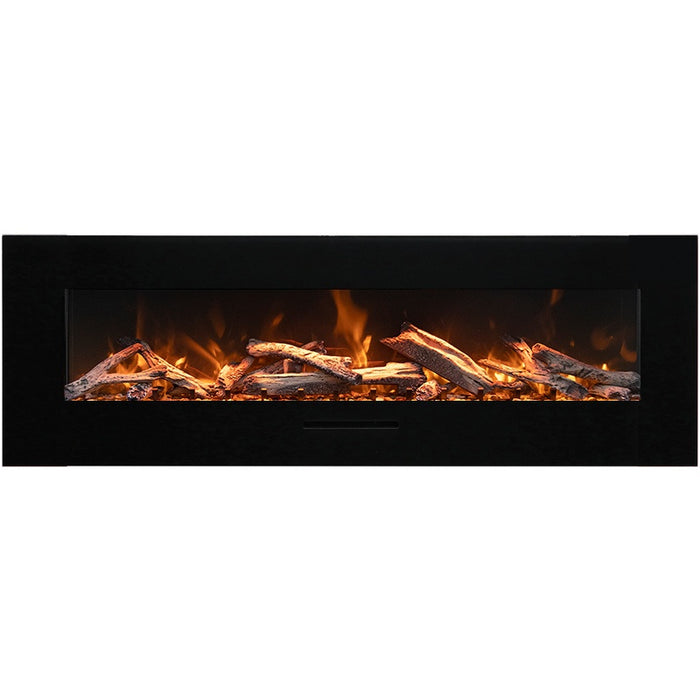 Amantii 72 Wall Mount with Black Glass Surround Rustic Media Yellow Flame