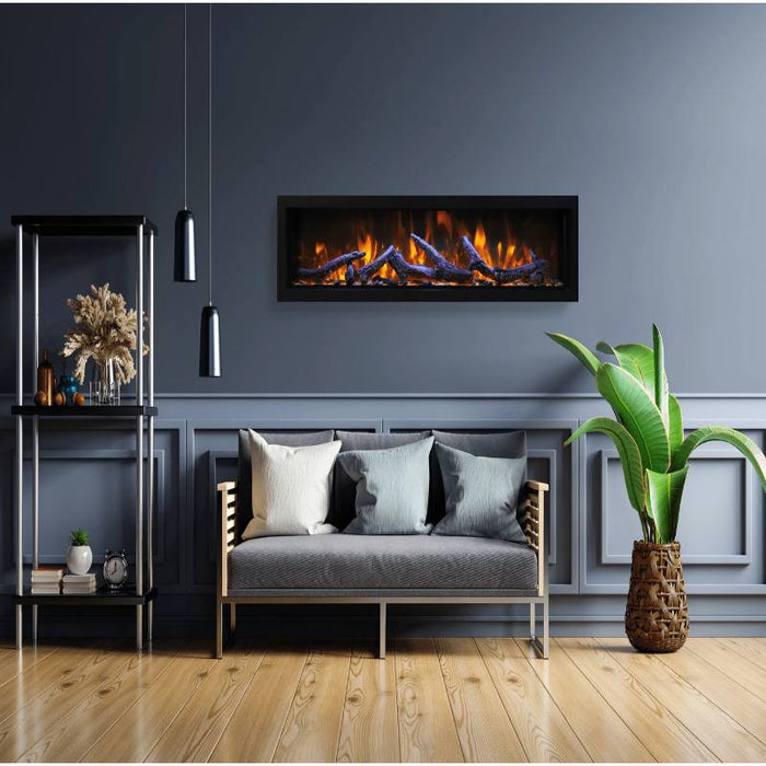 Amantii Panorama Deep & Xtra Tall Built-In Linear Electric Fireplace Elegant Living Room Oak log set