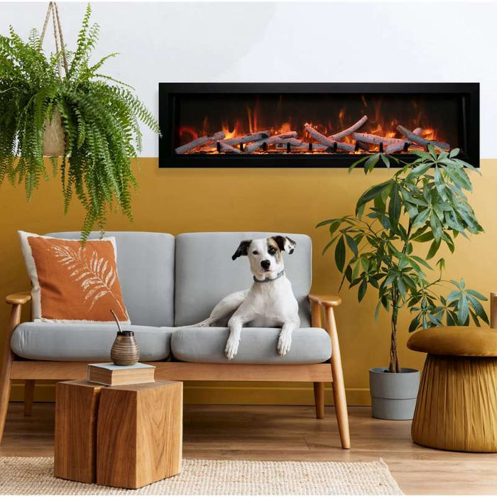 Amantii Panorama Deep & Xtra Tall Built-In Linear Electric Fireplace Guess Room Birch log set with Amber Glass Media 