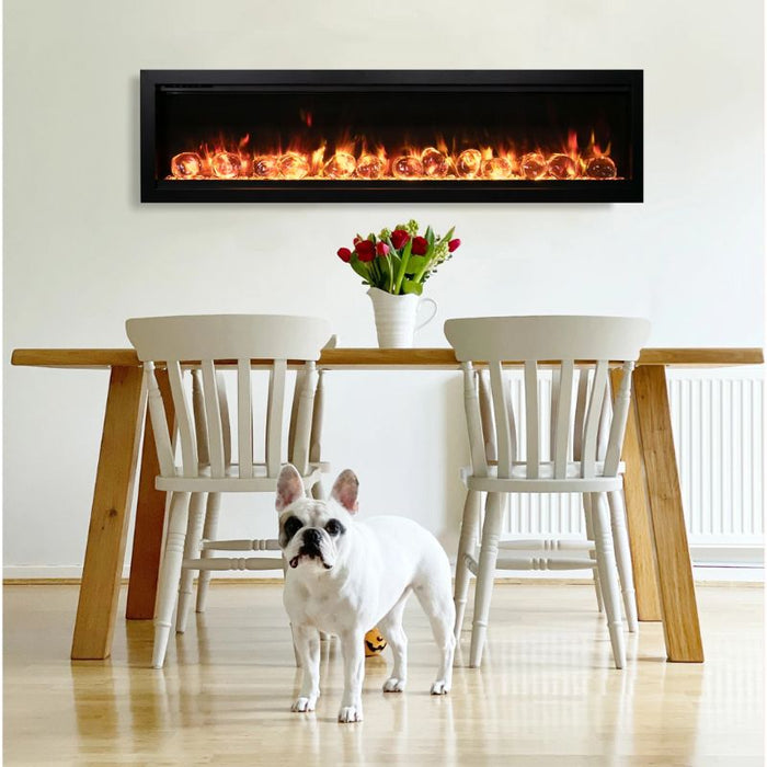 Amantii Symmetry Bespoke 50 Linear Electric Fireplace Ice Media Media Yellow Flame Dinning Room with Dog