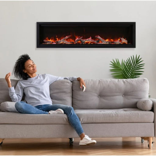 Amantii Symmetry Bespoke 50 Linear Electric Fireplace Rustic Media Red Flame Living Room