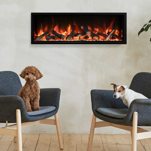 Amantii Symmetry Bespoke 50" Xtra Tall Electric Fireplace with Split Oak Logs built into white wall in modern living room with 2 dogs