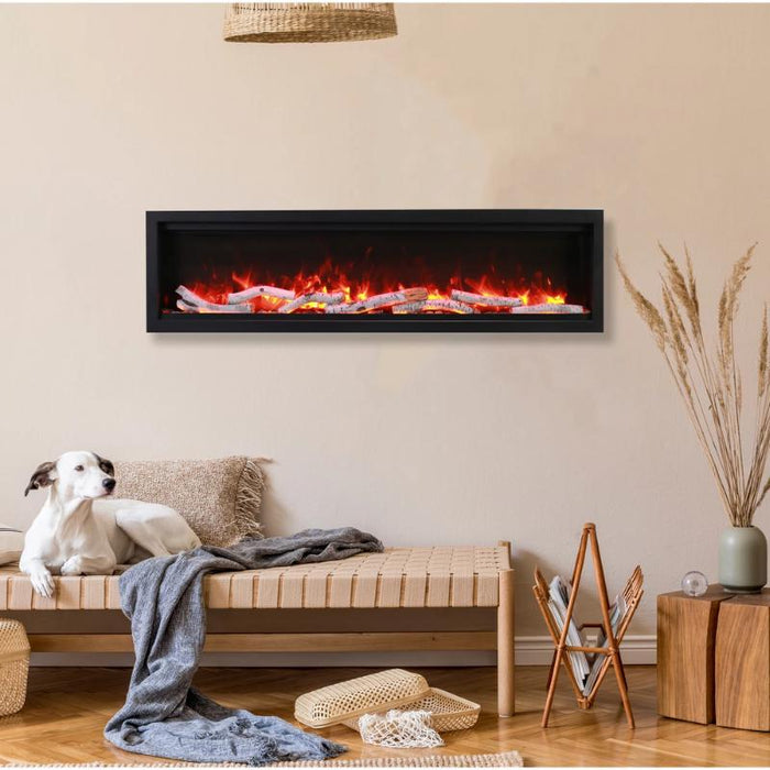 Amantii Symmetry Bespoke 60 Linear Electric Fireplace Birch Media Red Flame Living Room with Dog 1