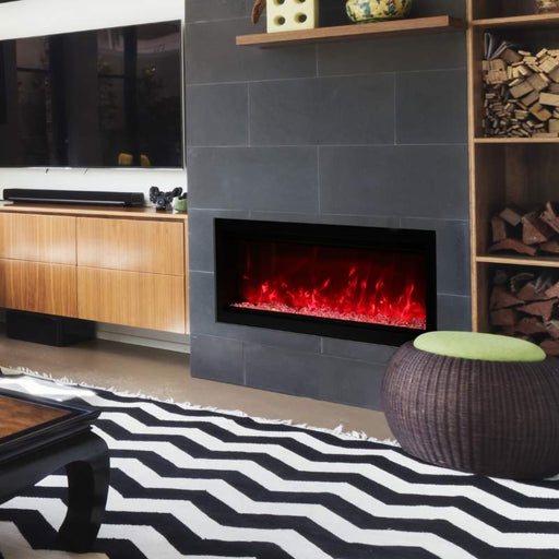 Amantii symmetry smart 34" electric fireplace with red flames and embers built in modern living room
