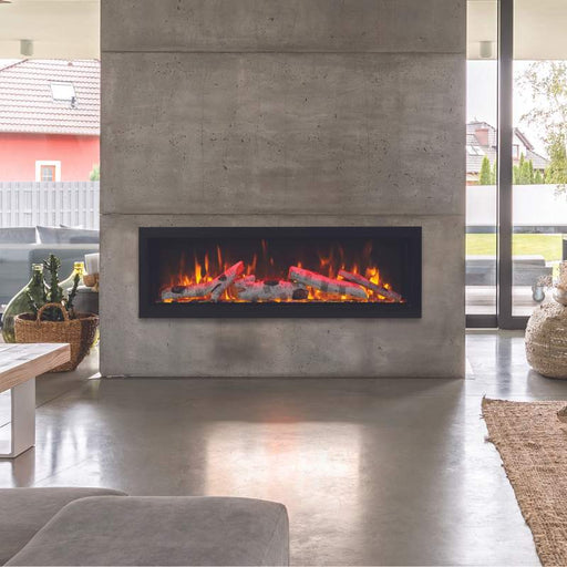 Amantii Symmetry Smart 50" Electric Fireplace with Birch Logs built in to stone wall in modern living room