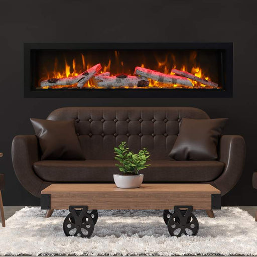 Amantii Symmetry Smart 88" Electric Fireplace with BIrch Logs behind brown leather couch