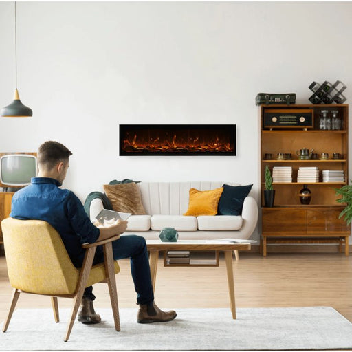 Amantii Symmetry Xtra Tall Bespoke 60 Built-In Linear Electric Fireplace Living Room Driftwood Media Red Flame