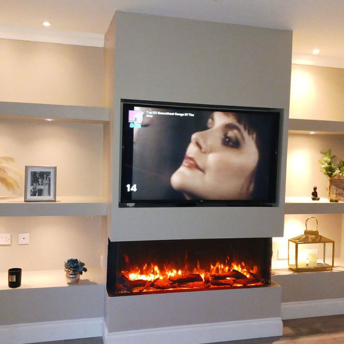 Amantii Tru View Slim 30 3-Sided Linear Electric Fireplace Livign Room Oak Orange Flame