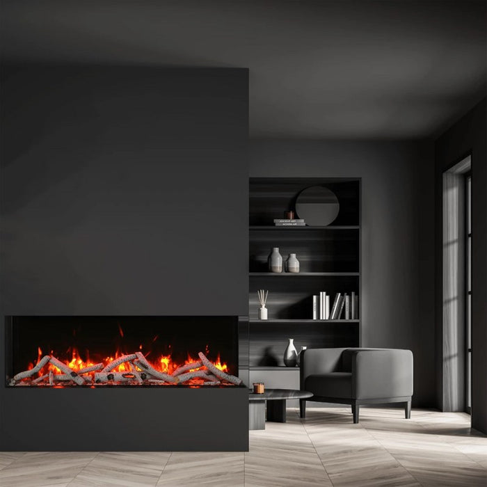 Amantii Tru View Slim 30 3-Sided Linear Electric Fireplace Living Room with birch logset