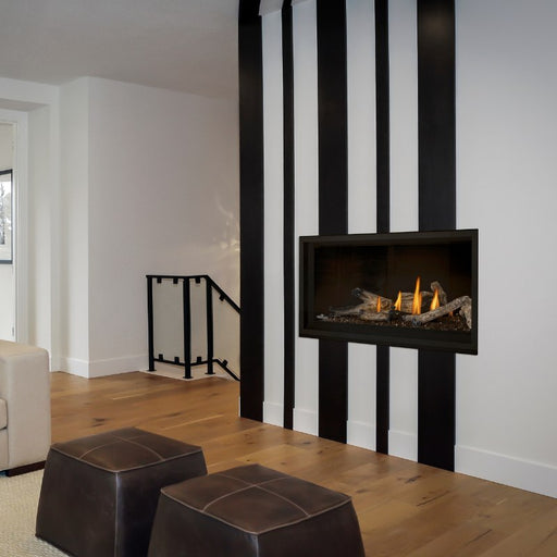 Ascent  Linear  Premium  BLX42  with Black Glass Beads, Driftwood High Definition Logs plus Matte Black Panel place at the Guess Room