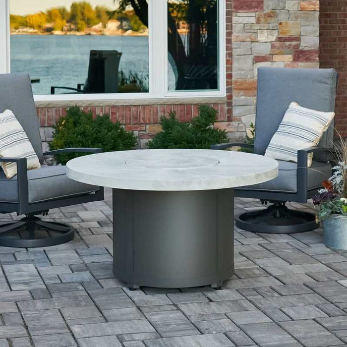 Beacon 48 Round Gas Fire Pit Table White Onyx Place at the Front Yard with Concrete Burner Cover