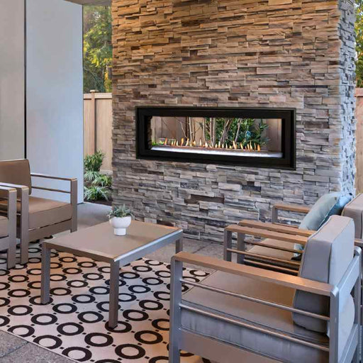 Boulevard 48-inch Direct-Vent Linear See-Through Fireplace with Ledgestone Liner, Matte Black Trim Kit, and Clear Frost Crushed Glass (Ledgestone Liner available for DVLL48SP only)