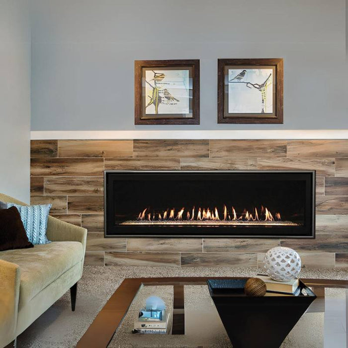 Boulevard 60-inch Direct-Vent Linear Fireplace with Black Porcelain Liner, Hammered Pewter Trim and Clear Frost Crushed Glass