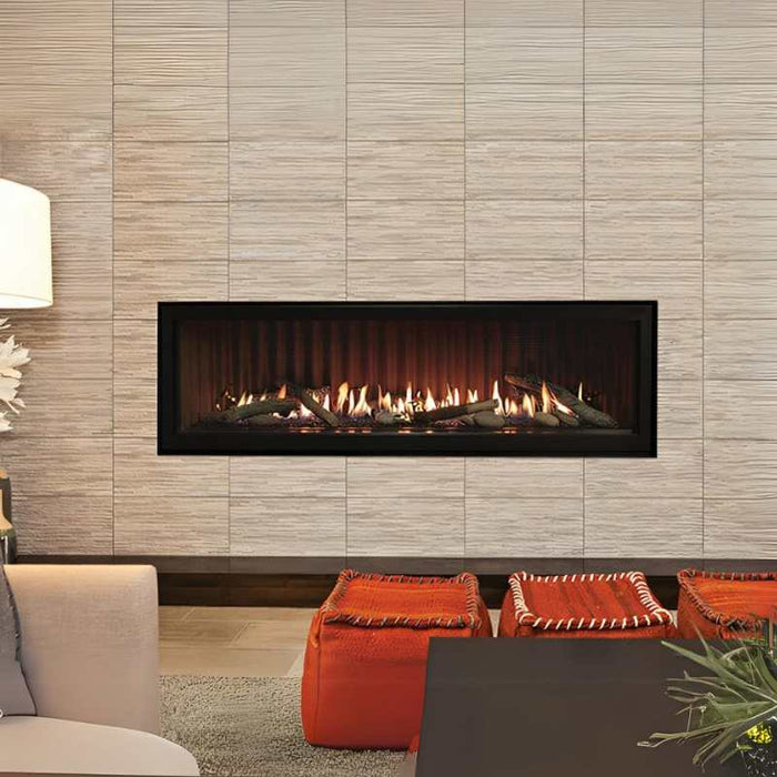 Boulevard 60-inch Direct-Vent Linear Fireplace with Ridgeback Corrugated Liner,  Beveled Oil Rubbed Bronze Frame and Rustic Logs Set.