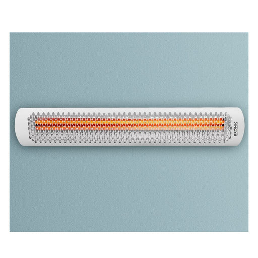 Bromic Tungsten Smart-Heat Electric Patio Heater in White on White Background, Heater On
