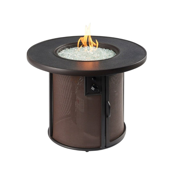 Brown Stonefire Round Gas Fire Pit Table with Clear Tempered Fire Glass Gems plus Fire Burner On