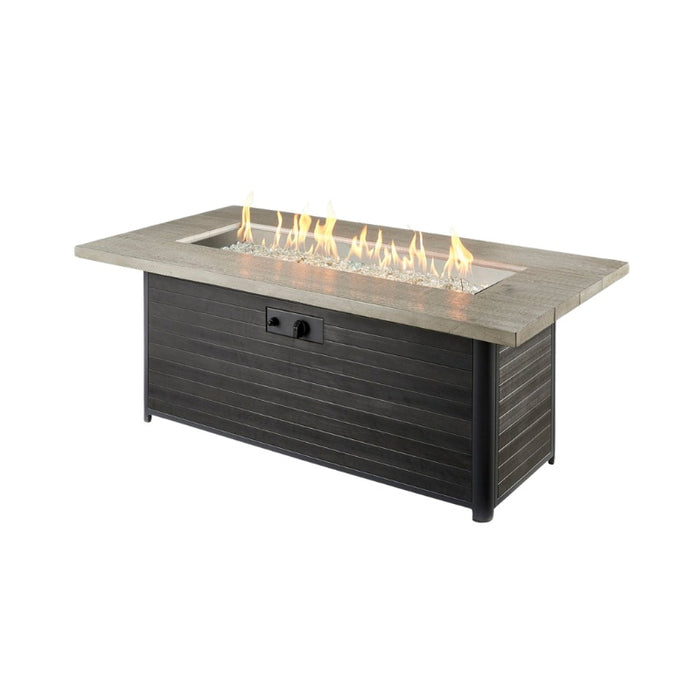 Cedar Ridge Linear Gas Fire Pit Table with Clear Tempered Fire Glass Gems, Fire Burner On