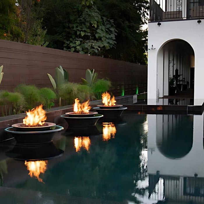 Charleston 360° Water Fire & Water Bowl - Hammered Copper Placed in Backyard Water Area with Lava Rock V2