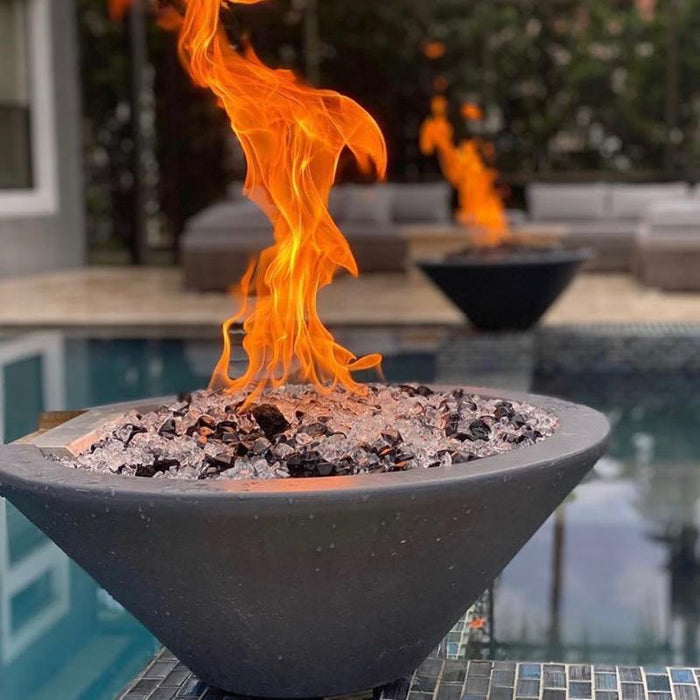 Charleston Fire Bowl - GFRC Concrete  24" Placed in Swimming Pool Area with Clear and Black Fire Glass Media