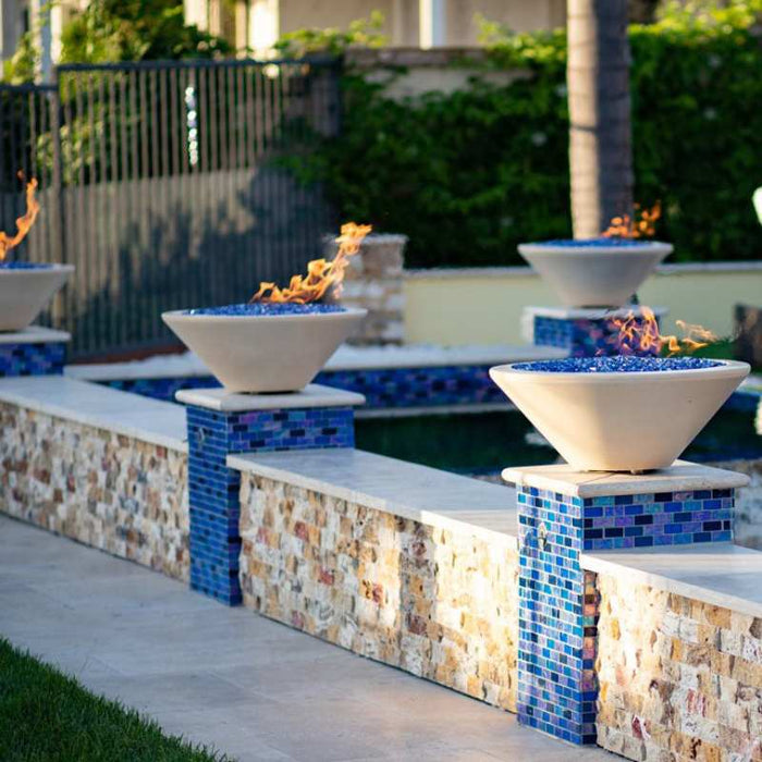 Charleston Fire Bowl - GFRC Concrete 48" Placed in Swimming Pool Area with Cerulean Fire Pebbles V2
