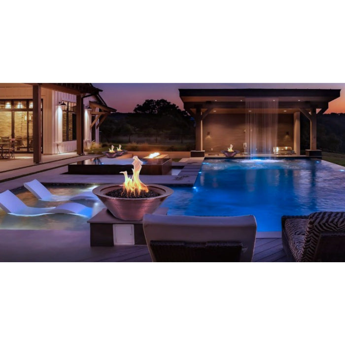 Charleston Fire Bowl - Hammered Copper 24" with Lava Rock Placed in Swimming Pool Lounge Area V2