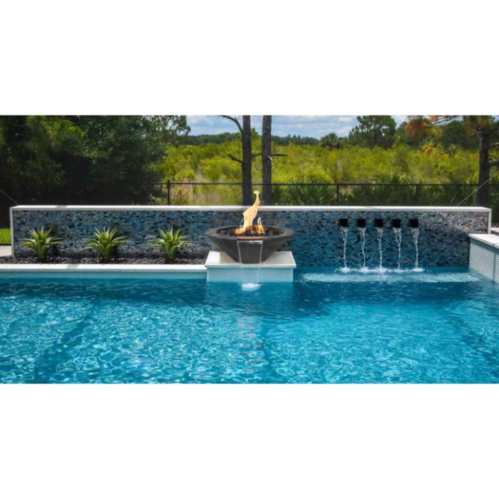 Charleston Fire & Water Bowl - Wood Grain Concrete 32" with Lava Rock Placed in Swimming Pool Area V2