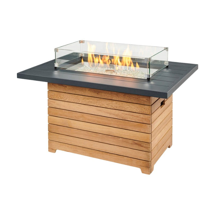 Darien Rectangular Gas Fire Pit Table with Aluminum Top with Glass Wind Guard and Clear Tempered Fire Glass Gems On Fire