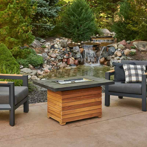 Darien Rectangular Gas Fire Pit Table with Everblend Top Outdoor Near Pond and Clear Tempered Fire Glass Gems without Glass Wind Guard