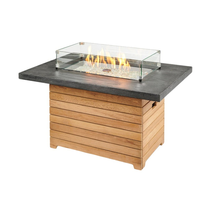 Darien Rectangular Gas Fire Pit Table with Everblend Top with Clear Tempered Fire Glass Gems Scaled and Glass Wind Guard Fire On