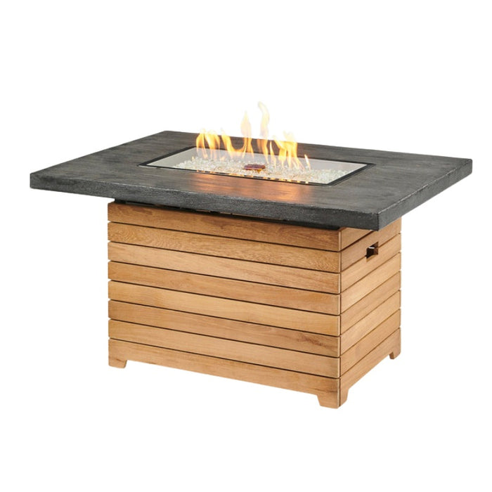 Darien Rectangular Gas Fire Pit Table with Everblend Top without Glass Wind Guard, On Fire with Clear Tempered Fire Glass Gems Scaled Fire-on