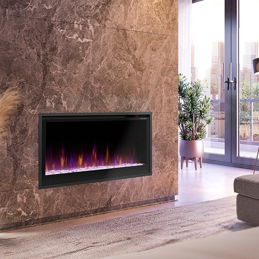 Dimplex 36 Multi-Fire SL Slim Built-in Linear Electric Fireplace Flush in Marble Wall in Living Room
