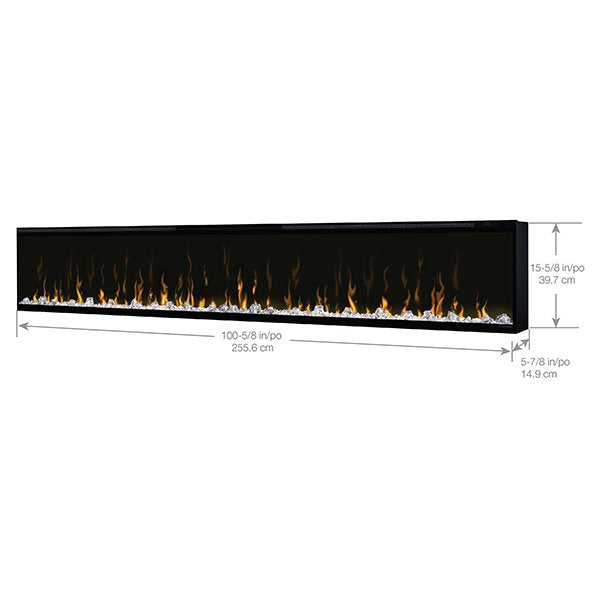 Dimplex Ignite X L100 Built-in Linear Electric Fireplace White Background with Specs