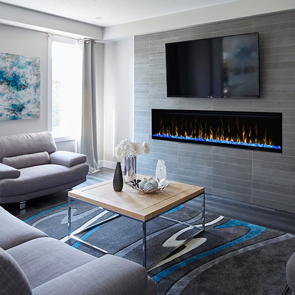 Dimplex Ignite XL74 Built-in Linear Electric Fireplace Family Room with Blue Embers