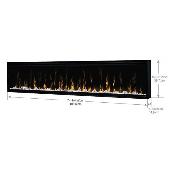 Dimplex Ignite XL74 Built-in Linear Electric Fireplace White Background with Specs