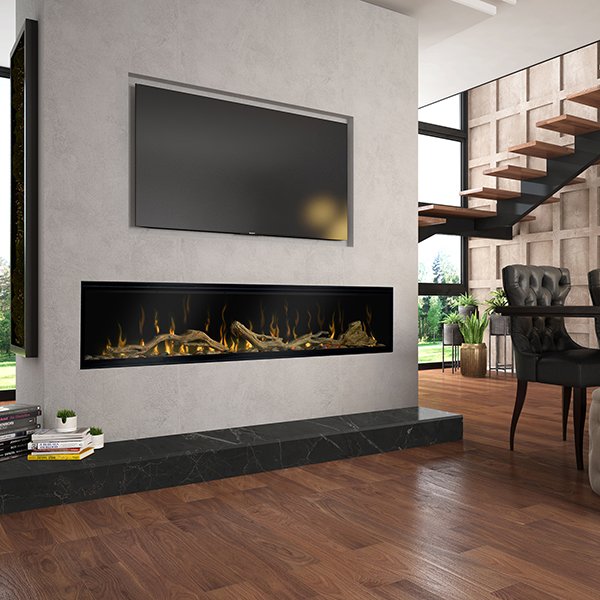  Dimplex Ignite XL74 Built-in Linear Electric Fireplace Installed with Driftwood and River Rock Accessory Kit