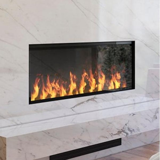 Dimplex Optimyst 46 Inch Linear Electric Fireplace | OLF46-AM close up install in marble wall Dimplex Optimyst46 Inch Linear Electric Fireplace OLF46-AM closeup install in marble wall