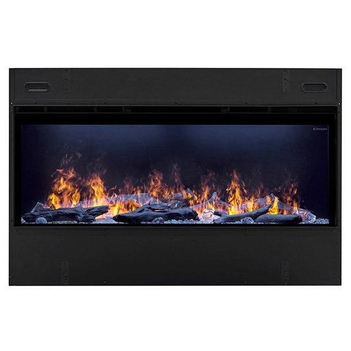 Dimplex Optimyst 46 Inch Linear Electric Fireplace | OLF46-AM close up on white background with acrylic ice media and driftwoodDimplex Optimyst46 Inch Linear Electric Fireplace OLF46-A M closeup on white background with acrylic ice media and driftwood