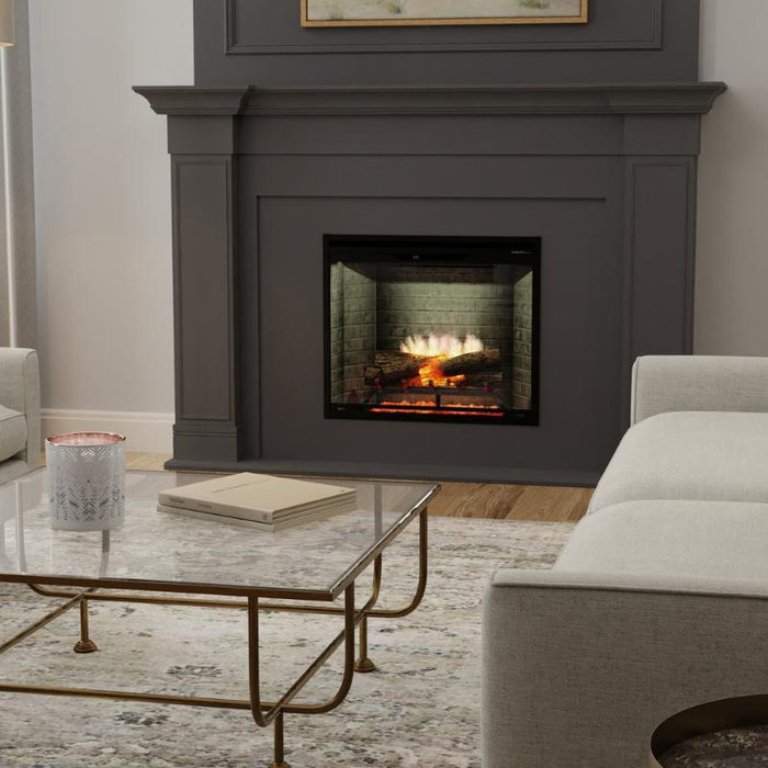 Dimplex Revillusion 30-inch Traditional Electric Fireplace with Neutral Brick Interior Panel Installed in a Customized Wall in Livingroom Area