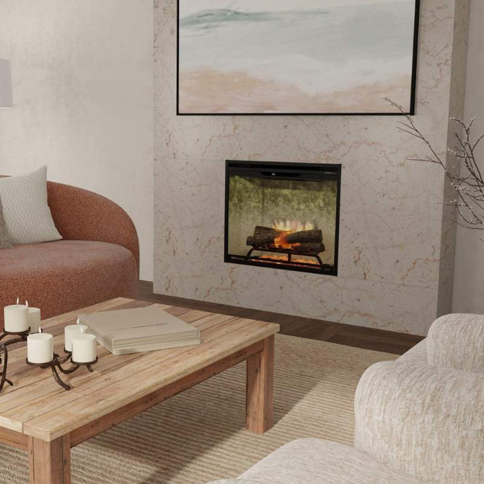 Dimplex Revillusion 30-inch Traditional Electric Fireplace with Weathered Concrete Interior Panel Installed in a Customized Wall in Livingroom Area