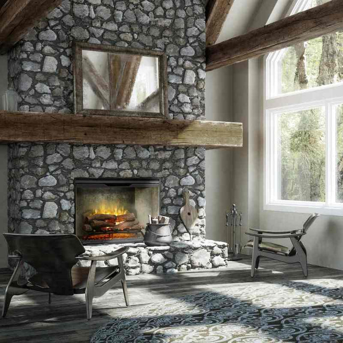 Dimplex Revillusion 36-inch Traditional Electric Fireplace with Weathered Concrete Interior Panel Installed in a Customized Wall in the Alcove Nook