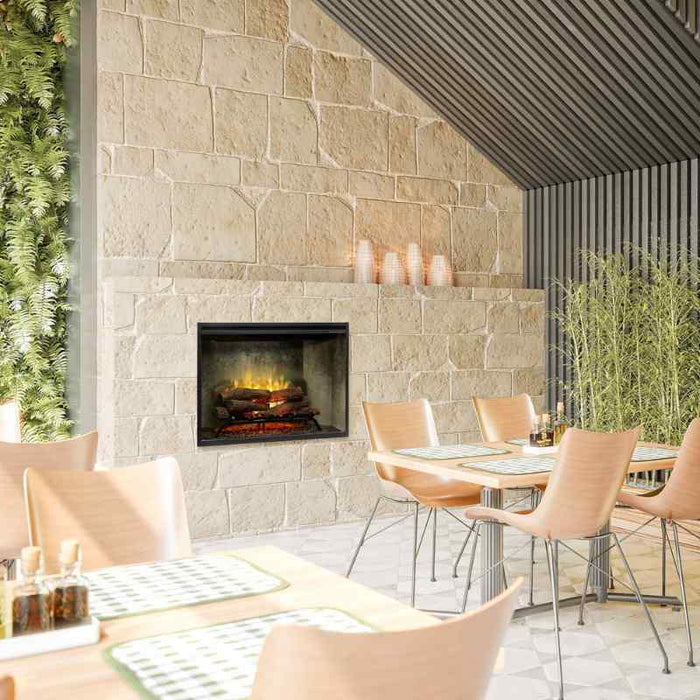 Dimplex Revillusion 36-inch Traditional Electric Fireplace with Weathered Concrete Interior Panel Installed in a Customized Wall in the Gazebo 