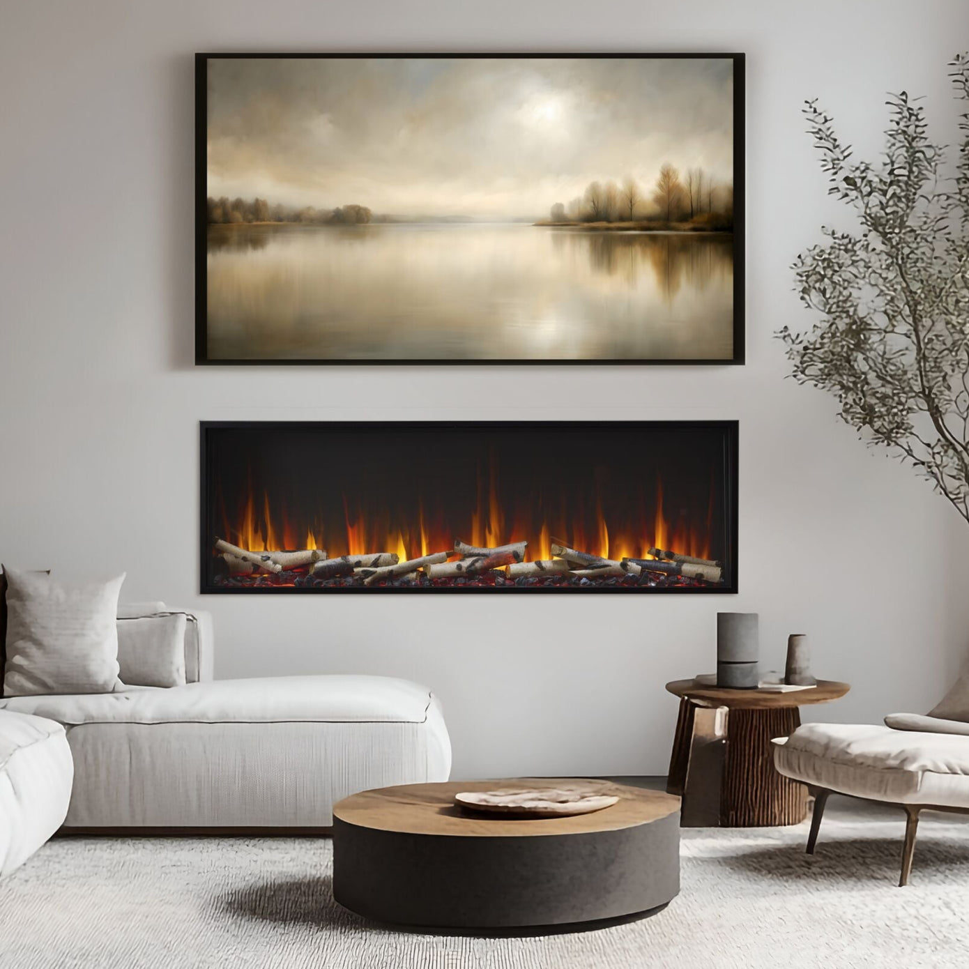 SimpliFire Scion 55 inch linear electric fireplace with black glass embers and birch logs in hybrid styling