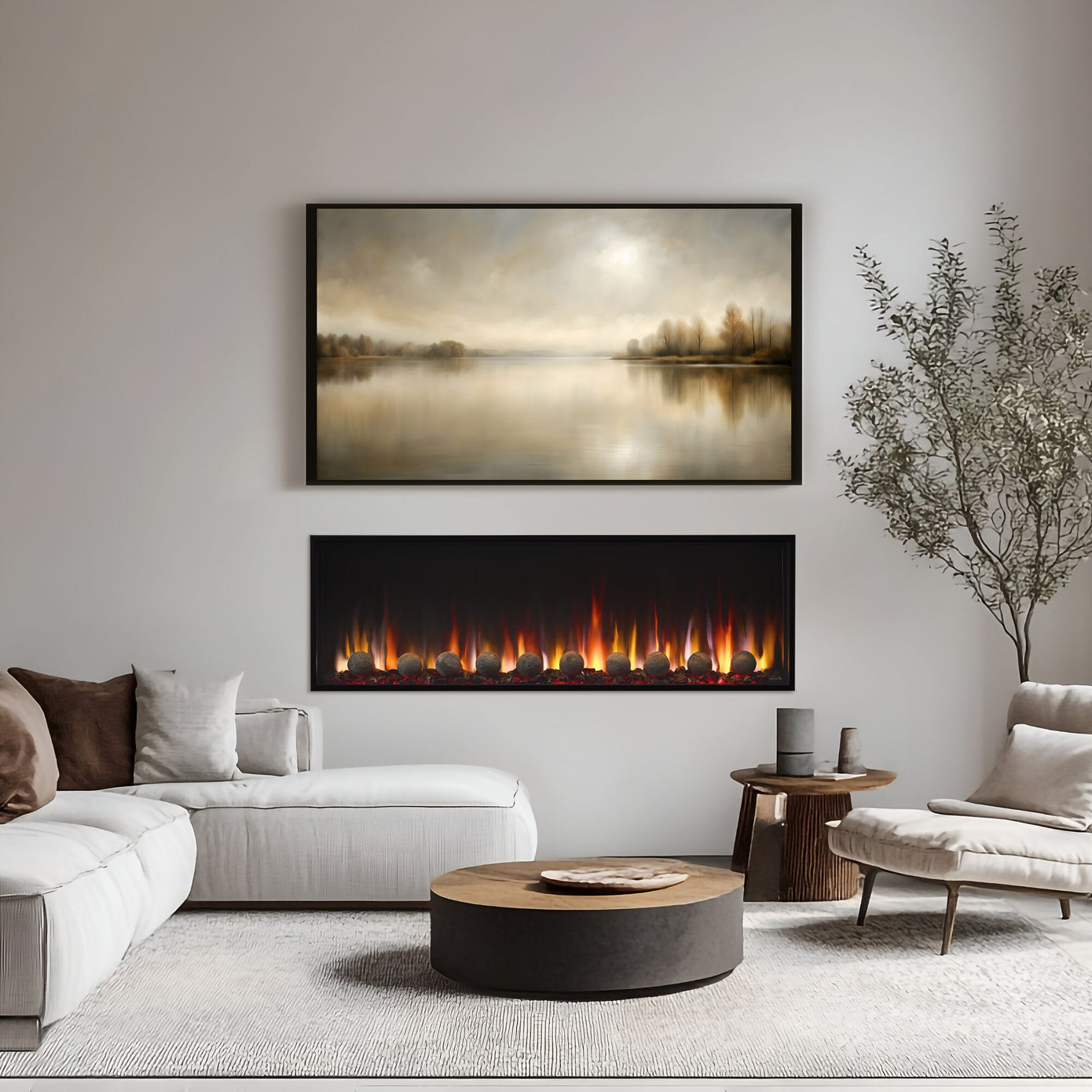 SimpliFire Scion 55 inch linear electric fireplace with black glass embers and spheres in contemporary styling